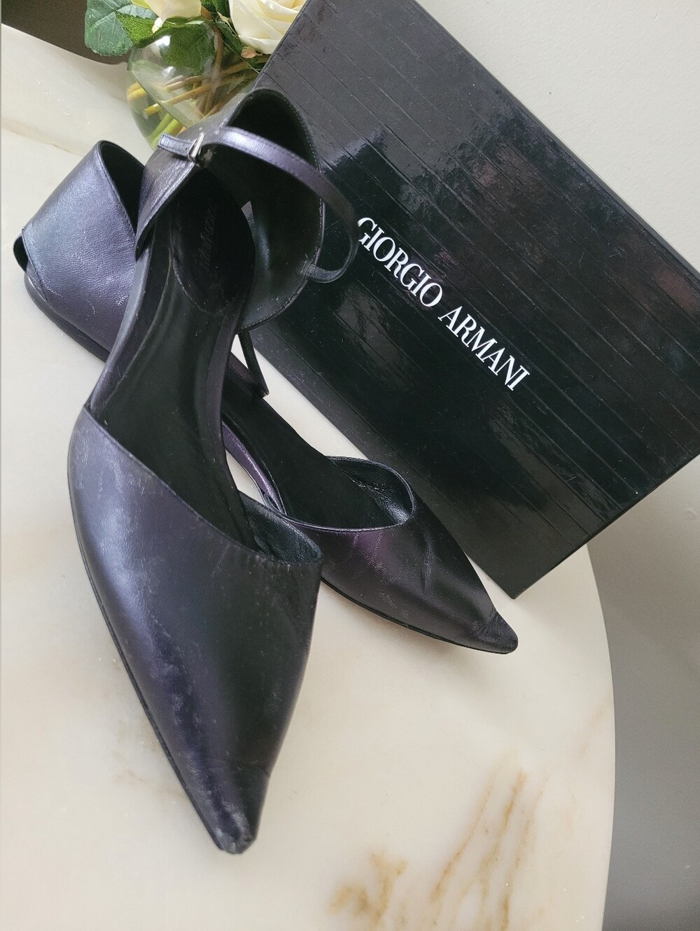 Giorgio Armani Pointed Toe Ankle-Strap Flats Black/Purple Sheen IT 39.5/US 9.5 - Picture 12 of 16